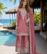 Peach chinon free size stitched palazzo suit with dhaga & sequin work