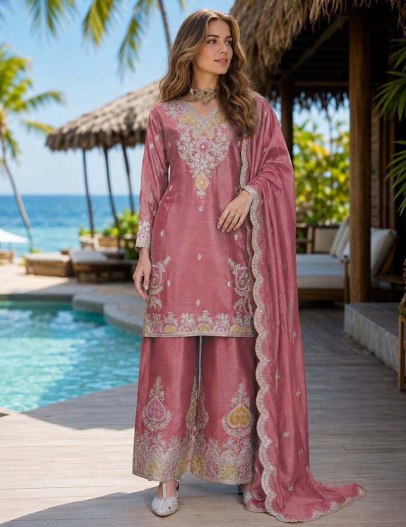 Peach chinon free size stitched palazzo suit with dhaga & sequin work
