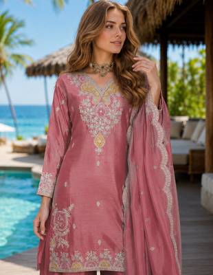 Peach chinon free size stitched palazzo suit with dhaga & sequin work 2