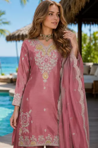Peach chinon free size stitched palazzo suit with dhaga & sequin work