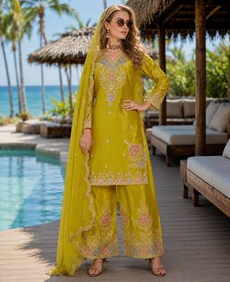 Mustard chinon free size stitched palazzo suit with dhaga & sequin work 1