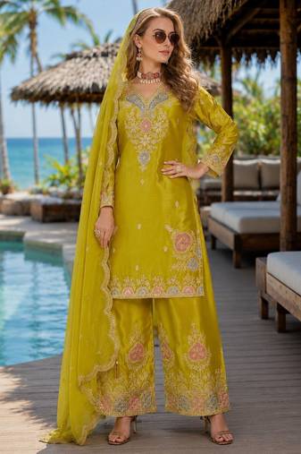 Mustard chinon free size stitched palazzo suit with dhaga & sequin work