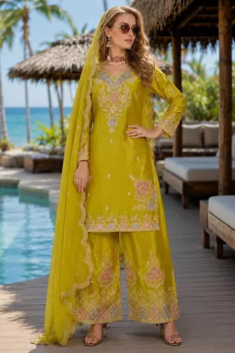 Mustard chinon free size stitched palazzo suit with dhaga & sequin work