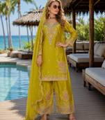 Mustard chinon free size stitched palazzo suit with dhaga & sequin work