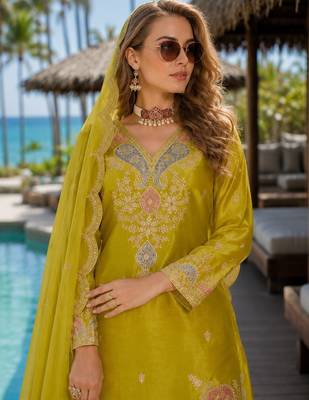 Mustard chinon free size stitched palazzo suit with dhaga & sequin work 2
