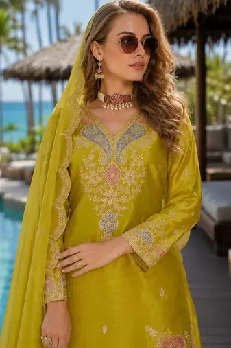 Mustard chinon free size stitched palazzo suit with dhaga & sequin work