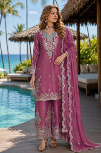 Magenta chinon free size stitched palazzo suit with dhaga & sequin work