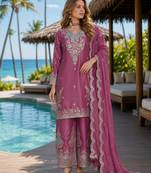 Magenta chinon free size stitched palazzo suit with dhaga & sequin work