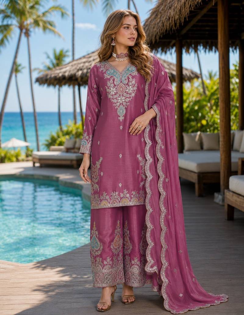 Magenta chinon free size stitched palazzo suit with dhaga & sequin work