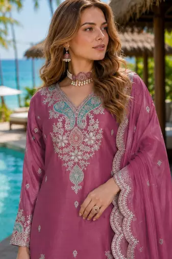 Magenta chinon free size stitched palazzo suit with dhaga & sequin work