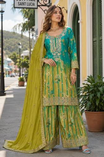 Sea green chinon free size stitched palazzo suit with digital printed & hand work