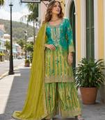 Sea green chinon free size stitched palazzo suit with digital printed & hand work