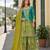 Sea green chinon free size stitched palazzo suit with digital printed & hand work