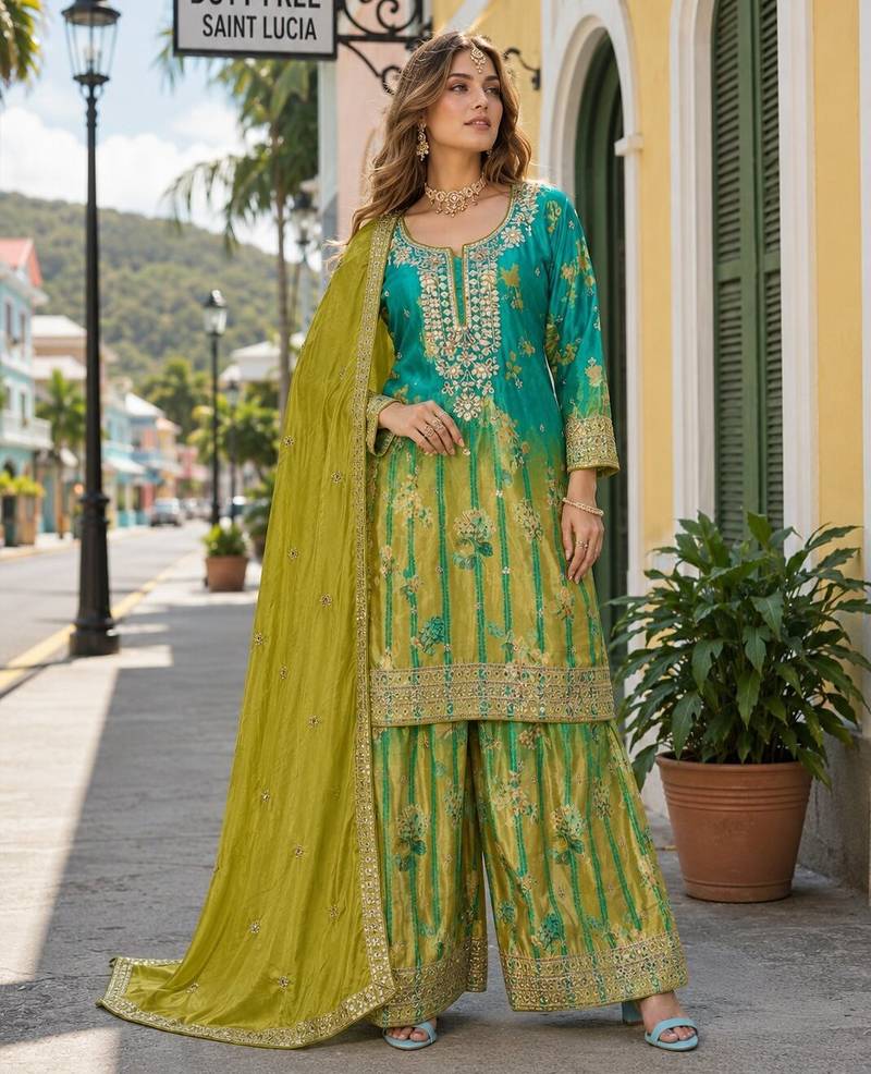 Sea green chinon free size stitched palazzo suit with digital printed & hand work