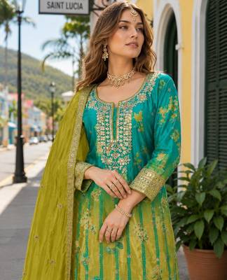 Sea green chinon free size stitched palazzo suit with digital printed & hand work 2
