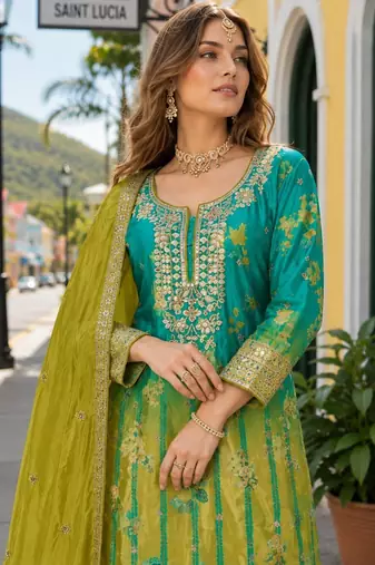 Sea green chinon free size stitched palazzo suit with digital printed & hand work