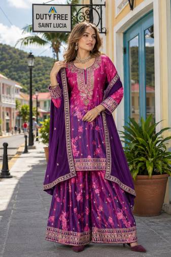 Purple chinon free size stitched palazzo suit with digital printed & hand work