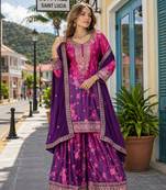 Purple chinon free size stitched palazzo suit with digital printed & hand work