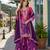 Purple chinon free size stitched palazzo suit with digital printed & hand work