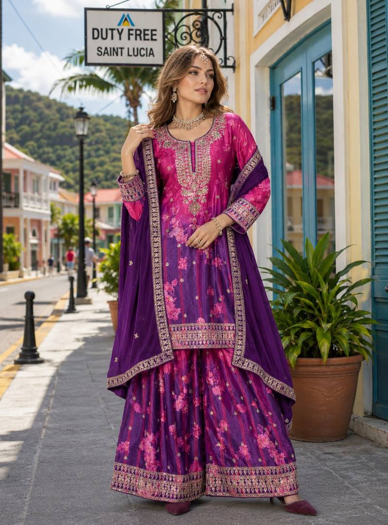Purple chinon free size stitched palazzo suit with digital printed & hand work