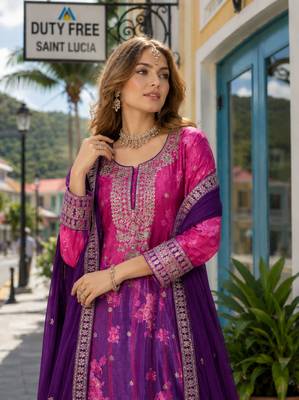 Purple chinon free size stitched palazzo suit with digital printed & hand work 2