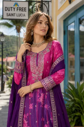 Purple chinon free size stitched palazzo suit with digital printed & hand work