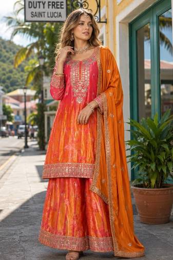 Orange chinon free size stitched palazzo suit with digital printed & hand work