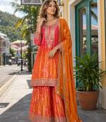 Orange chinon free size stitched palazzo suit with digital printed & hand work