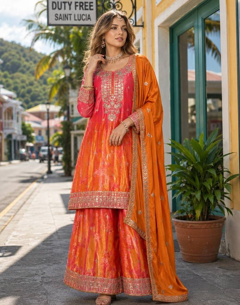 Orange chinon free size stitched palazzo suit with digital printed & hand work