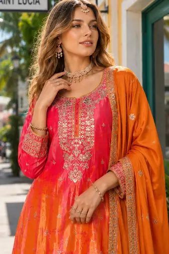 Orange chinon free size stitched palazzo suit with digital printed & hand work