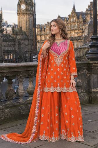 Orange chinon free size stitched plazzo suit with dhaga & sequin work