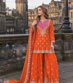 Orange chinon free size stitched plazzo suit with dhaga & sequin work