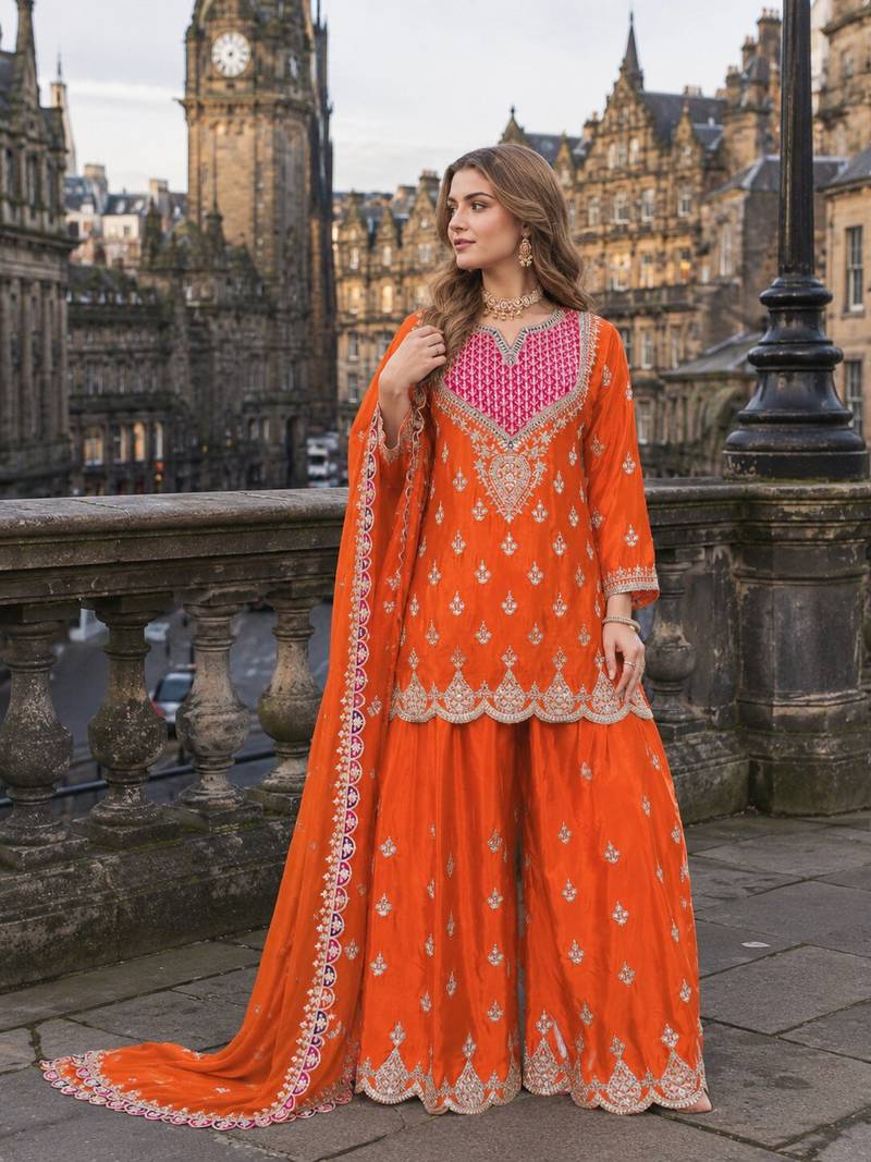 Orange chinon free size stitched plazzo suit with dhaga & sequin work
