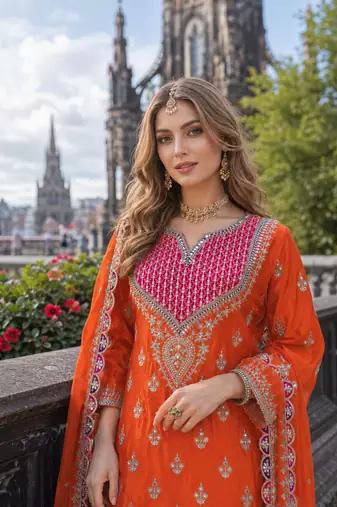 Orange chinon free size stitched plazzo suit with dhaga & sequin work