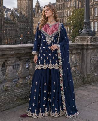 Navy chinon free size stitched palazzo suit with dhaga & sequin work 1