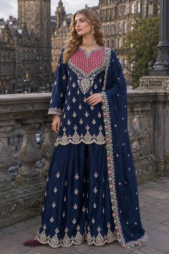 Navy chinon free size stitched palazzo suit with dhaga & sequin work