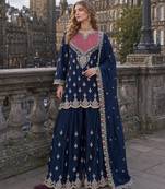 Navy chinon free size stitched palazzo suit with dhaga & sequin work
