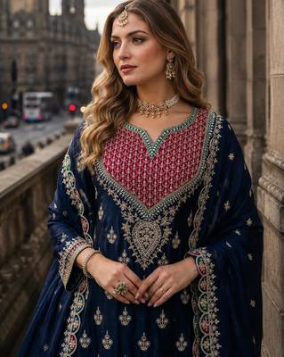Navy chinon free size stitched palazzo suit with dhaga & sequin work 2
