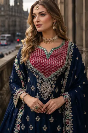 Navy chinon free size stitched palazzo suit with dhaga & sequin work