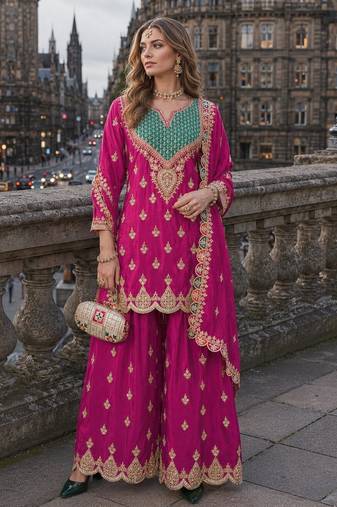 Hot pink chinon free size stitched palazzo suit with dhaga & sequin work
