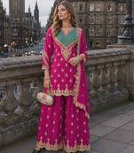 Hot pink chinon free size stitched palazzo suit with dhaga & sequin work