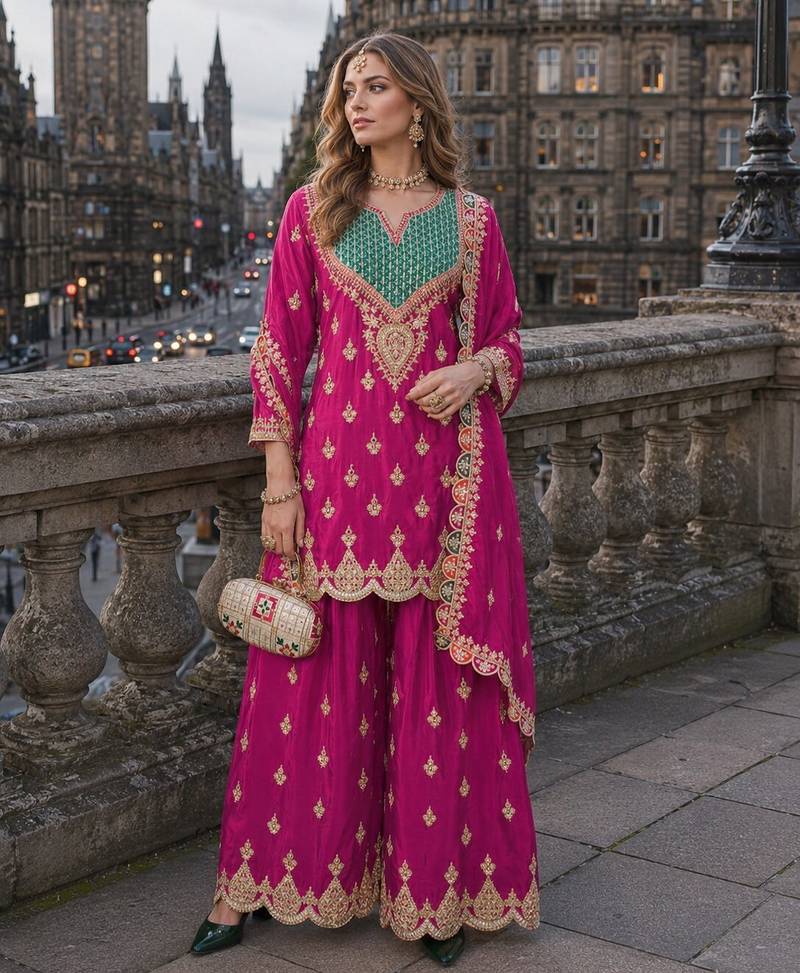 Hot pink chinon free size stitched palazzo suit with dhaga & sequin work