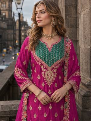Hot pink chinon free size stitched palazzo suit with dhaga & sequin work 2