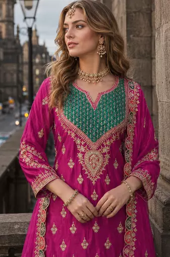 Hot pink chinon free size stitched palazzo suit with dhaga & sequin work