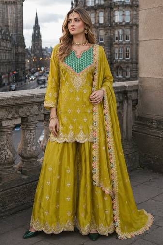Mustard chinon free size stitched palazzo suit with dhaga & sequin work