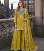 Mustard chinon free size stitched palazzo suit with dhaga & sequin work