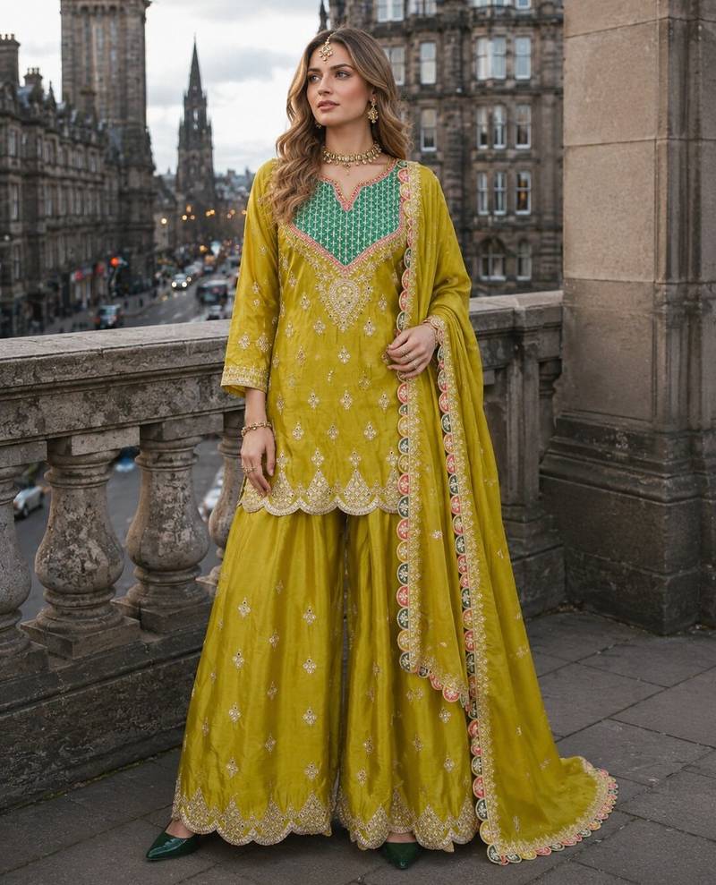Mustard chinon free size stitched palazzo suit with dhaga & sequin work