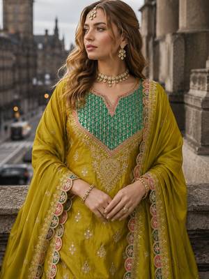 Mustard chinon free size stitched palazzo suit with dhaga & sequin work 2