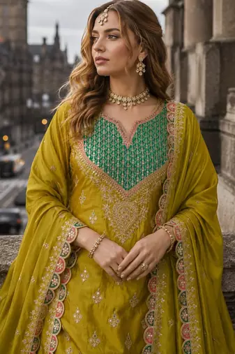 Mustard chinon free size stitched palazzo suit with dhaga & sequin work