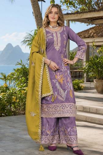 Purple shimmer free size stitched palazzo suit with codding dori & sequin work